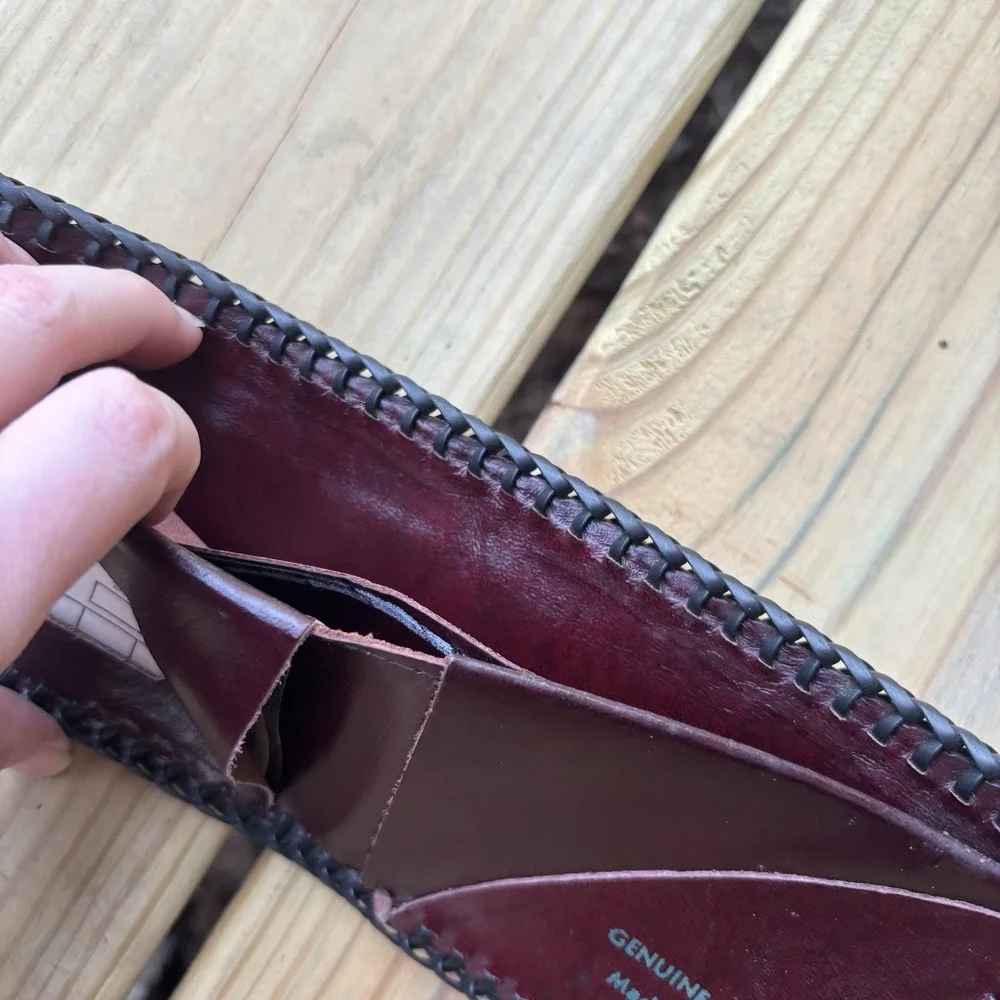 Vintage Leather Wallet Hand Tooled Bi-Fold Handmade Whipstitch Steam Engine